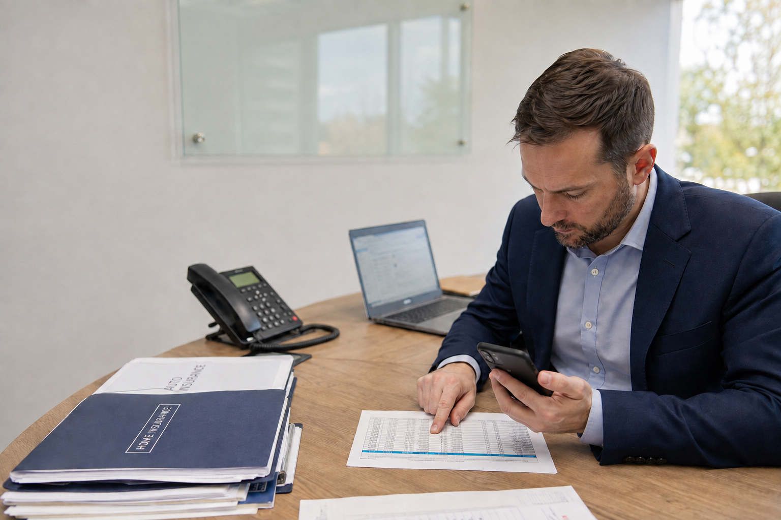 An insurance agent cross-checking a lead sheet with a phone in an illustrative insurance office
