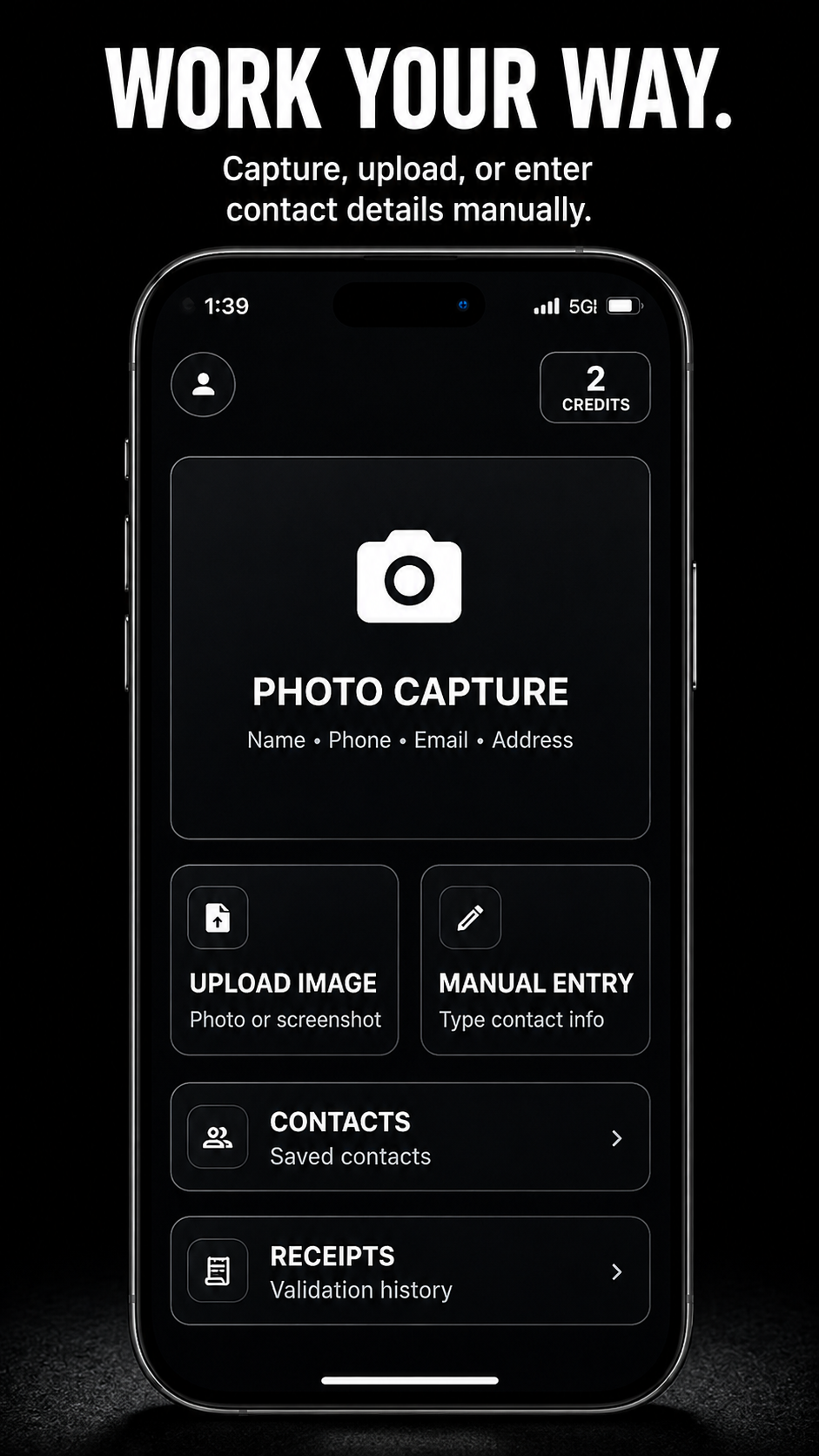 ZeroScanX mobile workflow with capture, upload, manual entry, contacts, and receipts